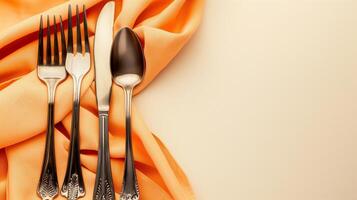 AI generated Elegant silver cutlery set on orange napkin with copy space on beige background, suitable for festive dining or Thanksgiving table setting concept photo