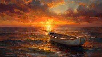 AI generated Serene sunset over ocean with empty wooden boat, vivid sky and reflections, conveying peaceful solitude, ideal for relaxation themes or nature backdrops photo