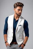 ai generado hermoso joven caucásico hombre posando en un elegante azul camisa y blanco chaleco, ideal para Moda y aseo contenido, relacionado a corporativo eventos foto