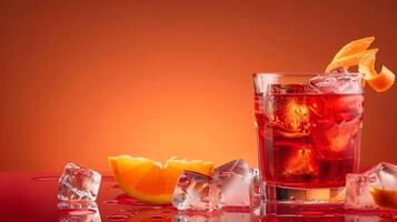 ai generado un conjunto de negroni cóctel ingredientes incluso Ginebra, Vermut, Campari, y naranja rebanada, aislado en un degradado antecedentes foto