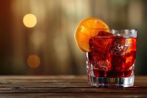 ai generado un elegante vaso de negroni cóctel adornado con un naranja rebanada, posicionado en un pulcro de madera superficie, conjunto en contra un suavemente iluminado antecedentes con mucho de vacío espacio para texto foto