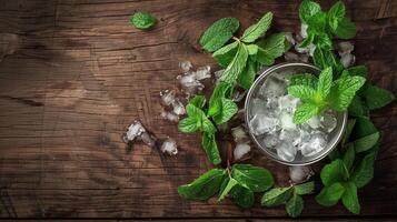 AI generated High angle shot of fresh mint leaves, crushed ice, and a silver cup, part of the Mint Julep preparation process, on a rustic wooden table The image has a background photo