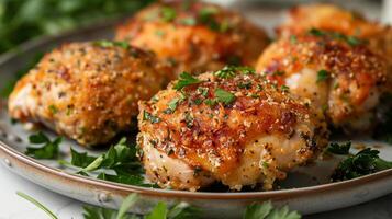 AI generated Herb crusted chicken thigh garnished with fresh parsley on a plate photo