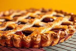 AI generated A freshly baked plum pie cooling on a rack, isolated on a gradient background photo