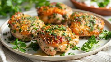 AI generated Herb crusted chicken thigh garnished with fresh parsley on a plate photo