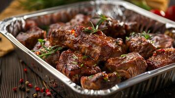 AI generated Gourmet glazed barbecued ribs in a foil tray with fresh herbs, perfect for summer barbecues and outdoor dining concepts photo