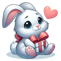 ai généré mignonne blanc bébé lapin tenir une cadeau avec l'amour png