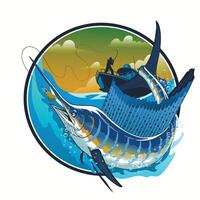 Fisherman Catching Sailfish Colored Vintage vector