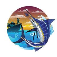 Fisherman Catching Marlin jumping out of water in a Circle Frame vector