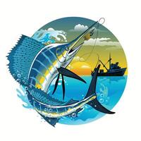 Fishing Boat Catching Sailfish Colored Vintage vector