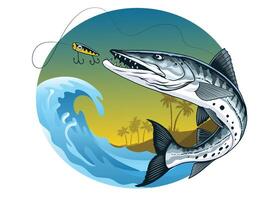 Catching Jumping Barracuda Fish in Vintage Style Full Colored vector