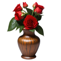 AI generated Rose flowers in a wooden vase isolated on transparent background png