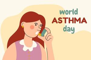 Woman using asthma inhaler. World Asthma day. Allergy, asthmatic. Inhalation medicine. vector