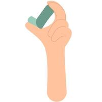 A hand holds an asthma inhaler. World Asthma day. Allergy, asthmatic. Inhalation medicine vector