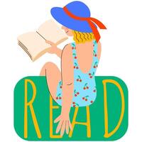 A woman in a swimsuit and hat is reading a book. Read books lover. Relaxing time to reading. vector
