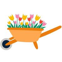 Garden wheelbarrow with tulip. Spring hand draw vector illustration