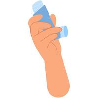 A hand holds an asthma inhaler. World Asthma day. Allergy, asthmatic. Inhalation medicine vector