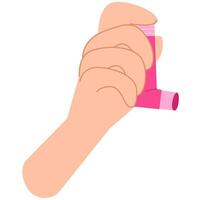 A hand holds an asthma inhaler. World Asthma day. Allergy, asthmatic. Inhalation medicine vector