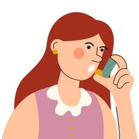 Woman using asthma inhaler. World Asthma day. Allergy, asthmatic. Inhalation medicine. vector