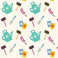 Gardening tools seamless pattern with seeds, watering can, shovel,secateurs. Hand drawn vector flat pattern.