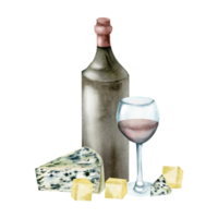 kaas Brie en stukken met rood wijn fles, glas illustratie, besnoeiing kaas samenstelling met drinken voor menu, restaurant, kaas bord ontwerp, gezond voedsel, biologisch png