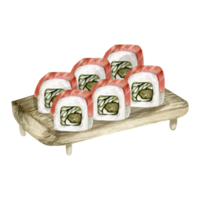 Watercolor japanese sushi with fresh salmon , avocado and cream on wooden plate. Hand drawn sea food illustration for restaurant, bar, cafe, menu design png