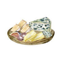 Watercolor organic healthy food illustration. Cut cheese on wooden plate with figs and grapes. Cheese plate with camembert, brie and pieces on round dish for menu, restaurant, packing design. png