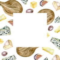 ost tallrik vattenfärg fyrkant ram. hand dragen mat illustration med brie, camembert, vit ost, Cheddarost och fikon frukt för produkt förpackning, meny, restaurang design png