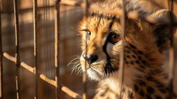 ai generado un bebé leopardo es mirando fuera de un jaula foto