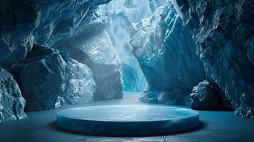 AI generated empty blue ice podium on ice cave background with fog for product presentation photo