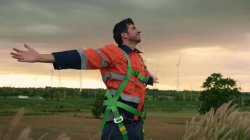 Clever Ingenieur mit schützend Helm steigend Hände oben beim elektrisch Turbinen Feld video