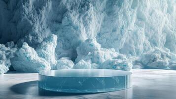 AI generated Empty blue ice podium on ice mountain background for product presentation photo