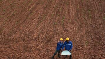 Haut vue de ingénierie gens réunion dans agricole champ, ingénierie personnes, entreprise fonctionnement, travail en équipe concept video