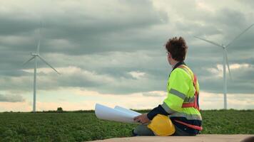 Smart engineer with protective helmet holding the blueprint working at electrical turbines field video