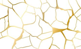 Gold kintsugi repair cracks background texture vector illustration isolated on white background. Broken foil marble pattern with golden dry cracks. Wedding card, cover or print pattern Japanese motif.