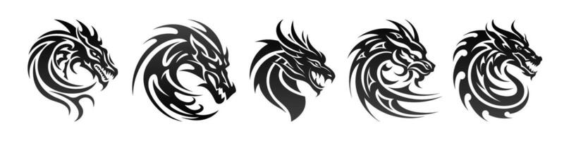 Tribal tattoo of the dragon head silhouette ornament flat style design vector illustration set