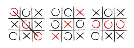 Tic tac toe xo game hand drawn grid doodle template vector illustration set isolated on white background