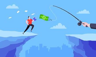 Fishing money chase business concept with businessman running after dangling dollar. vector