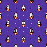 Pixel Rocket in Space with Stars Seamless Pattern vector illustration