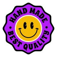 retro ondulado púrpura mano hecho, mejor calidad aislado sello pegatina con amarillo sonrisa icono vector ilustración