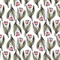 Seamless pattern with spring and summer colors. Sketch-style tulip pattern, hand-drawn on white background for unique packaging designs and flower shops. vector
