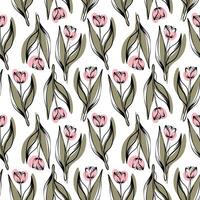 Seamless pattern with spring and summer colors. Sketch-style tulip pattern, hand-drawn on white background for unique packaging designs and flower shops. vector