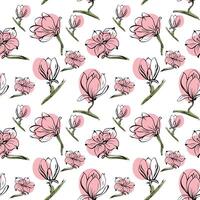 Seamless pattern with spring and summer flowers. Sketch-style magnolia pattern, hand-drawn on white background for unique design of packaging and flower shops. vector