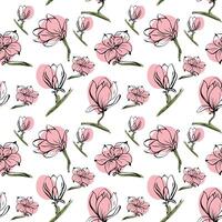 Seamless pattern with spring and summer flowers. Sketch-style magnolia pattern, hand-drawn on white background for unique design of packaging and flower shops. vector