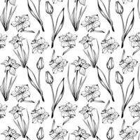 Seamless pattern with black and white colors. Sketch-style flowers pattern, hand-drawn on white background for unique packaging designs and flower shops in vintage style. Coloring book vector