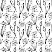 Seamless pattern with black and white colors. Sketch-style flowers pattern, hand-drawn on white background for unique packaging designs and flower shops in vintage style. Coloring book vector