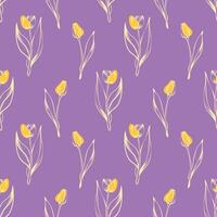 Seamless pattern with spring and summer colors. Sketch-style tulip pattern, hand-drawn on violet background with yellow buds for unique packaging designs and flower shops. vector
