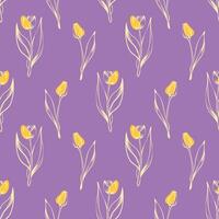 Seamless pattern with spring and summer colors. Sketch-style tulip pattern, hand-drawn on violet background with yellow buds for unique packaging designs and flower shops. vector