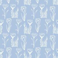 Seamless pattern with spring and summer flowers. Sketch-style crocus pattern, hand-drawn on blue background for unique design of packaging and flower shops. vector