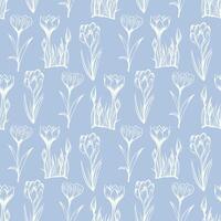 Seamless pattern with spring and summer flowers. Sketch-style crocus pattern, hand-drawn on blue background for unique design of packaging and flower shops. vector